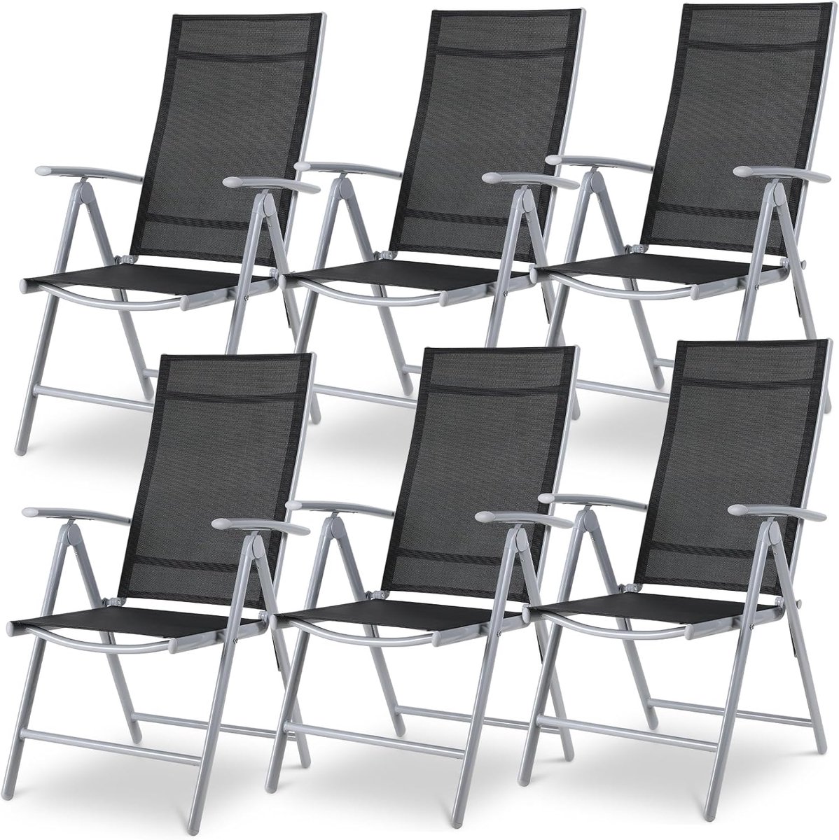 Tuinstoel met hoge rugleuning, 6-delige set, aluminium klapstoel met 7-voudig verstelbare rugleuning, aluminium balkonstoel, inklapbare campingstoel, ademend en weerbestendig, zilvergrijs, 6