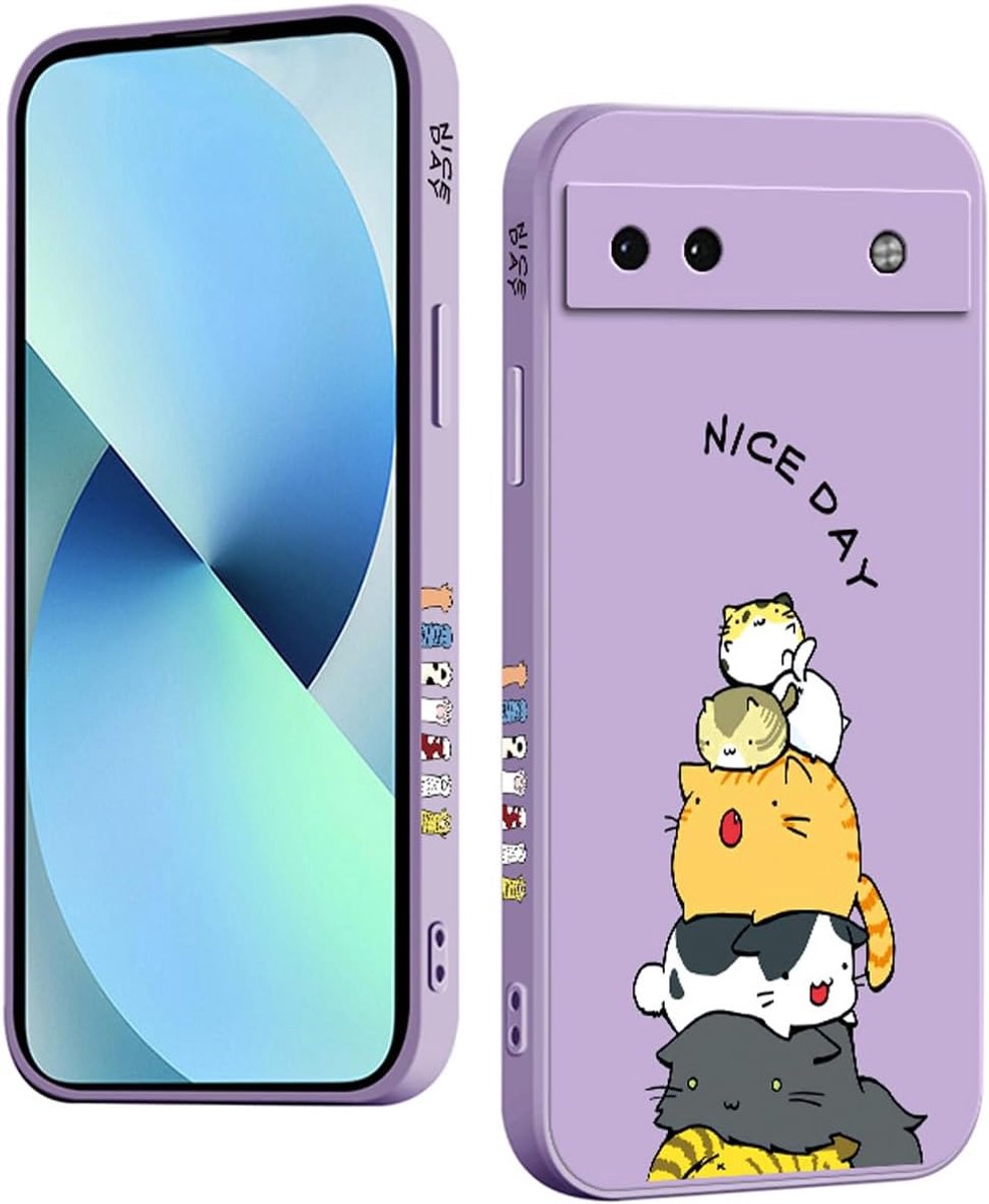 Siliconen hoesje voor de Google Pixel 6a, modieuze beschermhoes met schattig patroon, slank, duurzaam, schokbestendig, antislip siliconen hoes (kat, paars)