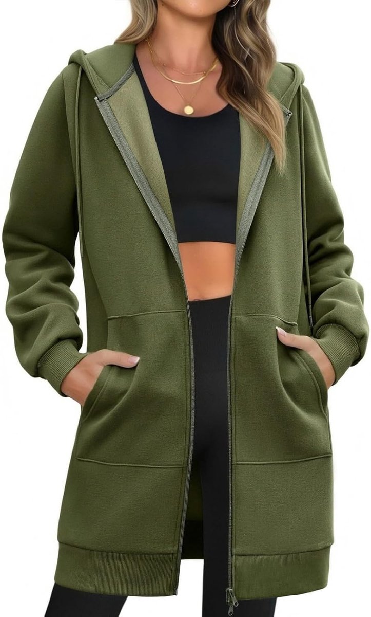 Fleece hoodie voor dames, lange jas en ritssluiting, klassiek, oversized, voor lente en herfst