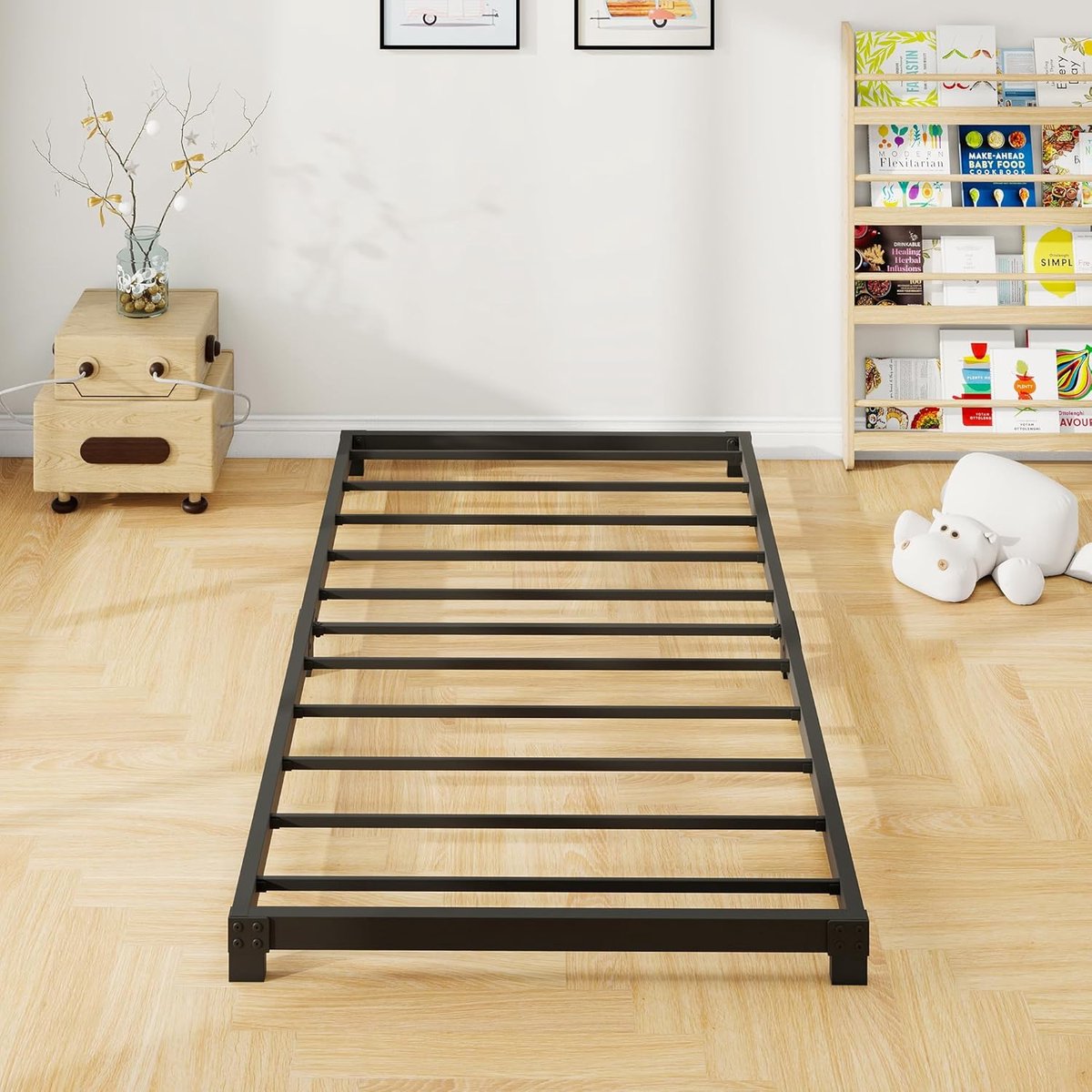 bed, 90 x 200 cm - 8 cm hoog, eenpersoons metalen bedframe met stalen lattenbodem, eenvoudige montage, stil, zwart