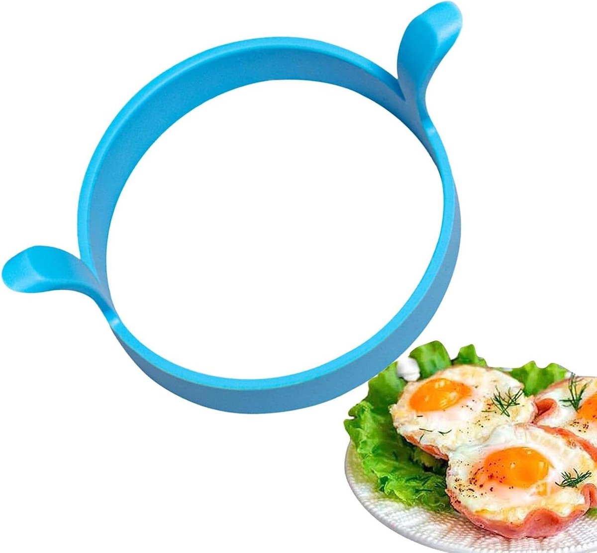 Eierkoekerring Siliconen - Omeletvorm Ronde - Ontbijt Bakken - Dubbele Handgrepen - 11.5 cm - Blauw