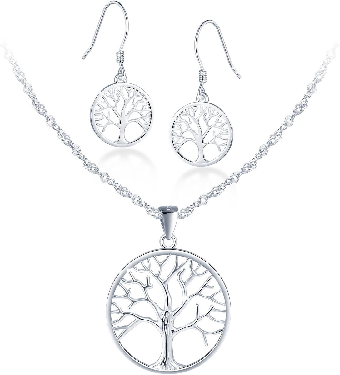 Zilver 925 voor dames, boom des levens, hanger, halsketting en oorbellen, 45 cm ketting, zilveren sieradenset voor vrouwen, moeder, echtgenote, vriendin