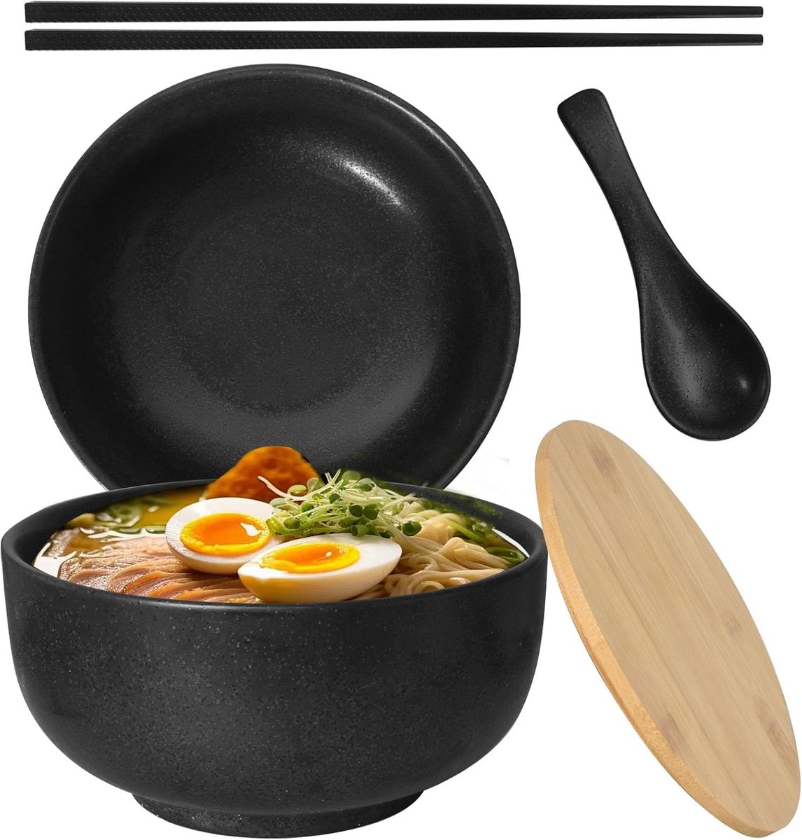 1500 ml grote slakom van keramiek, Japanse ramkommen, grote soepkom met houten deksel, stokjes en lepels, keramische kom voor ramen, salade, muesli (zwart)