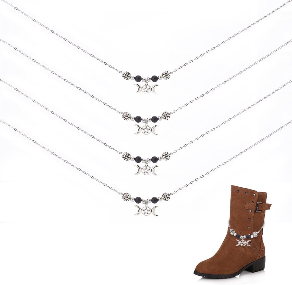 4 stuks Laarzenkettingen van roestvrij staal, 44,5 cm, laarzen, bedelarmband, onyx, zwart en zilver, pentagram van de maan, laars voor decoratie van schoenen, boot