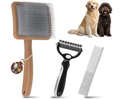 hondenborstel voor Goldendoodles, Poedels - 3-in-1 verzorgingsset met ondervachthark en kam - extra lange pinnen gladde borstel voor demmen, dikke jassen, vergieten, ontwarren