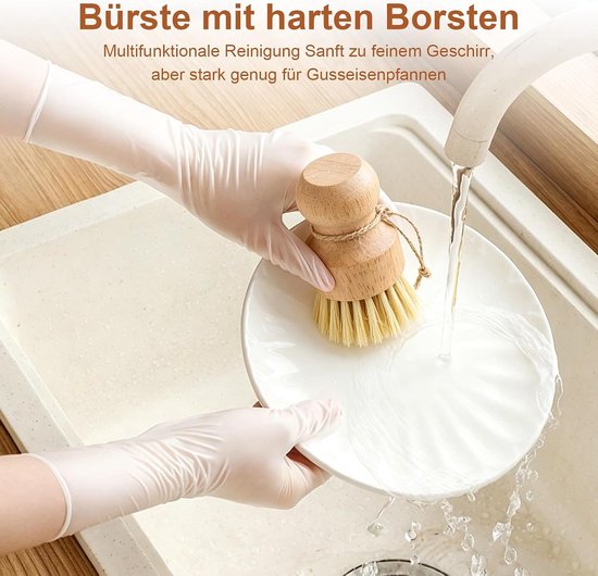3 stuks afwasborstel, afwasborstel, hout, rond - Borstel met lange bamboe, paddenstoelborstel, natuurlijk sisal voor servies, potten, pannen, groenten, gootsteen — afbeelding 5