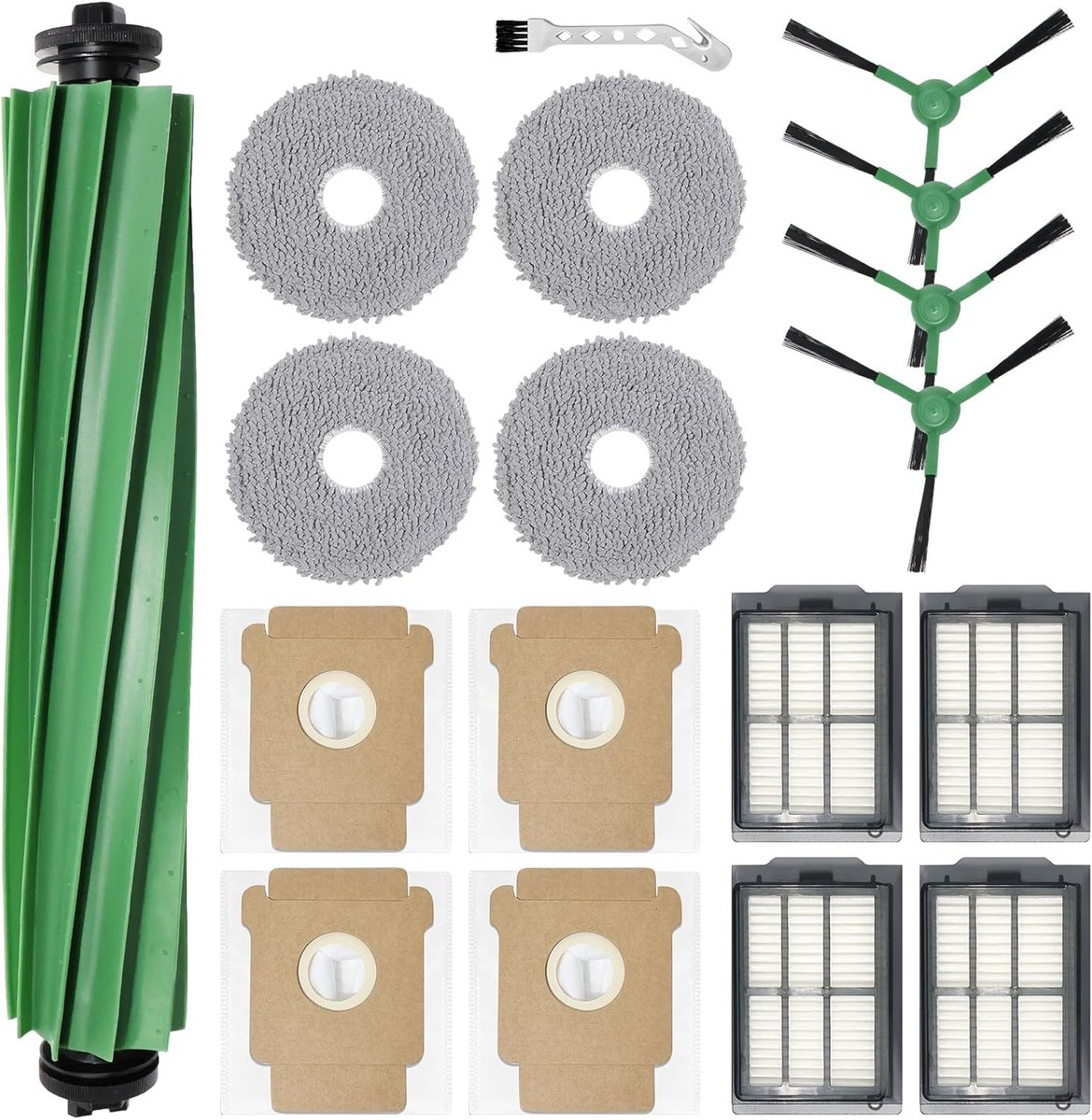 Accessoire-vervanging voor iRobot Roomba Plus 405 Combo Robot + / 505 Combo Robot + stofzuigerreserveonderdeel, 1 hoofdborstel, 4 reinigingsdoeken, 4 stofzakken, 4 zijborstels, 4 filters