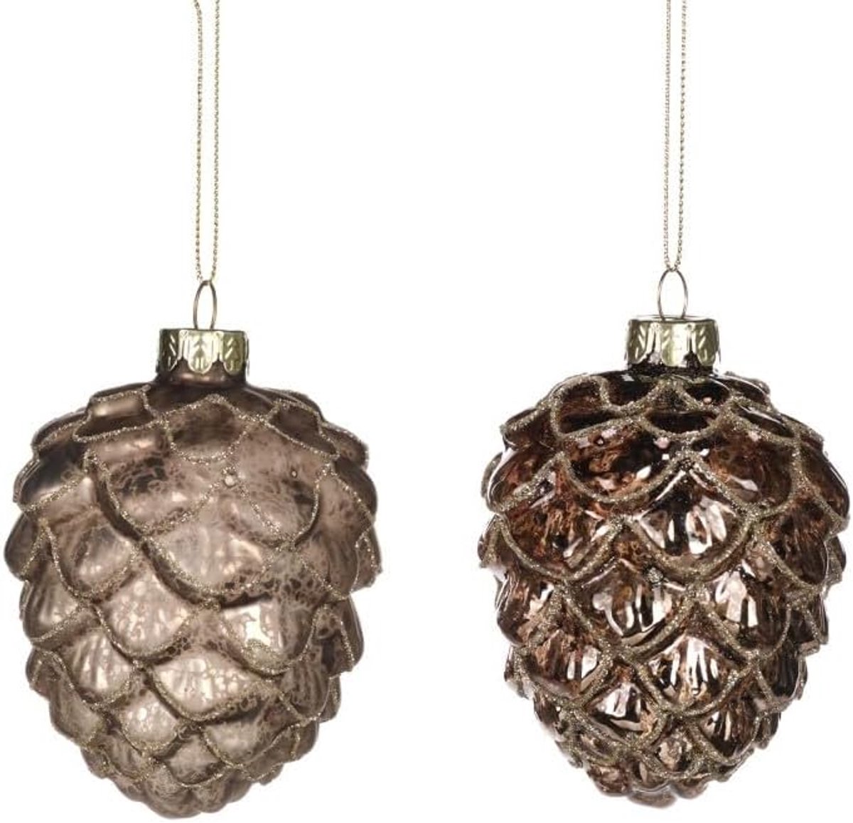 Kerstbal dennenappels - glas bruin D 9 cm - set van 2 - sfeervolle kerstdecoratie - SnelShoppen