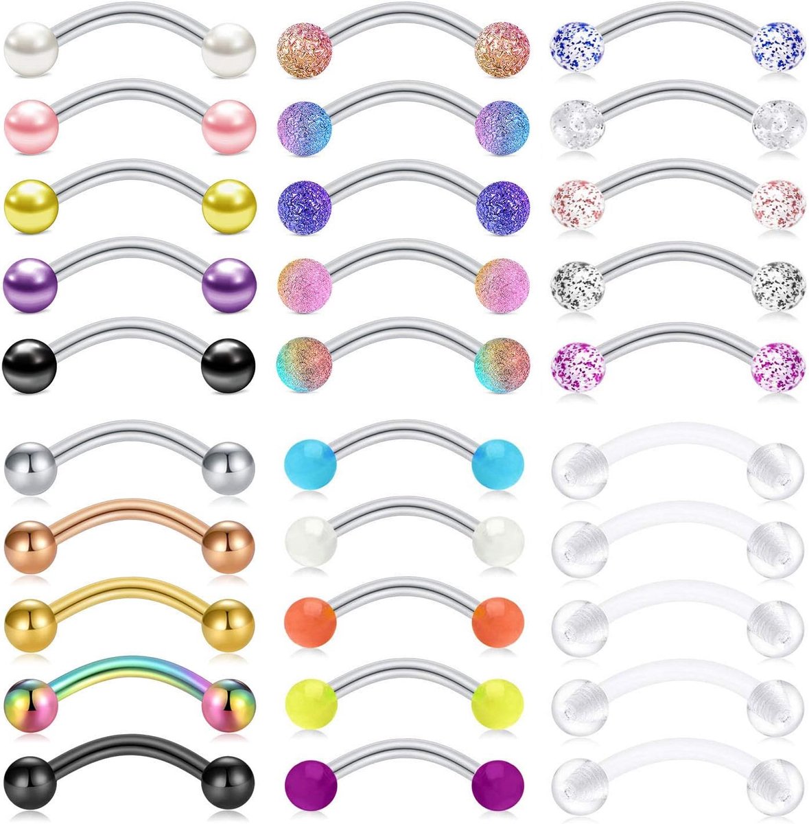 16G Wenkbrauw Bar Gebogen Barbell Chirurgisch Staal Rook Daith Oorbel Wenkbrauw Piercing Sieraden Pack voor Vrouwen Mannen