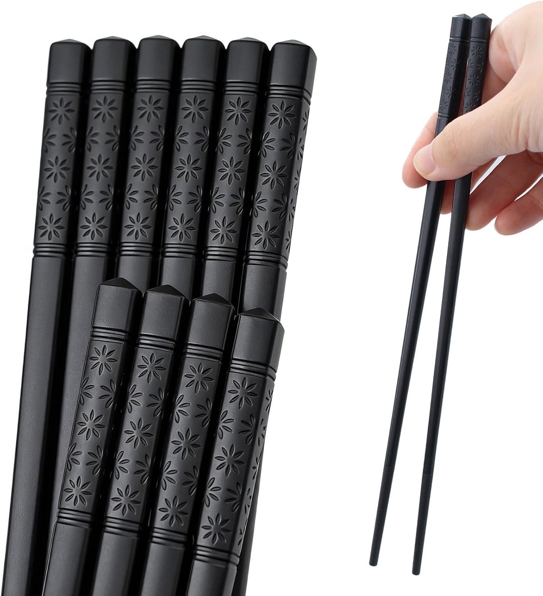 Eetstokjes, 24 cm Japanse sushi eetstokjes met gravurepatroon, antislip, herbruikbaar, vaatwasmachinebestendig, chopsticks voor restaurants gezinnen, zwart