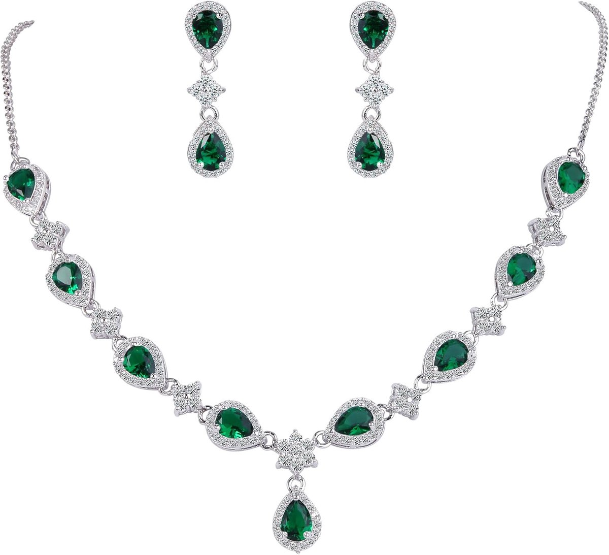 Sieradenset voor dames, bruiloft, bruid, zirkonia, druppel, bloem, V, halsketting, oorbellenset, kristal Messing, Zirkonia