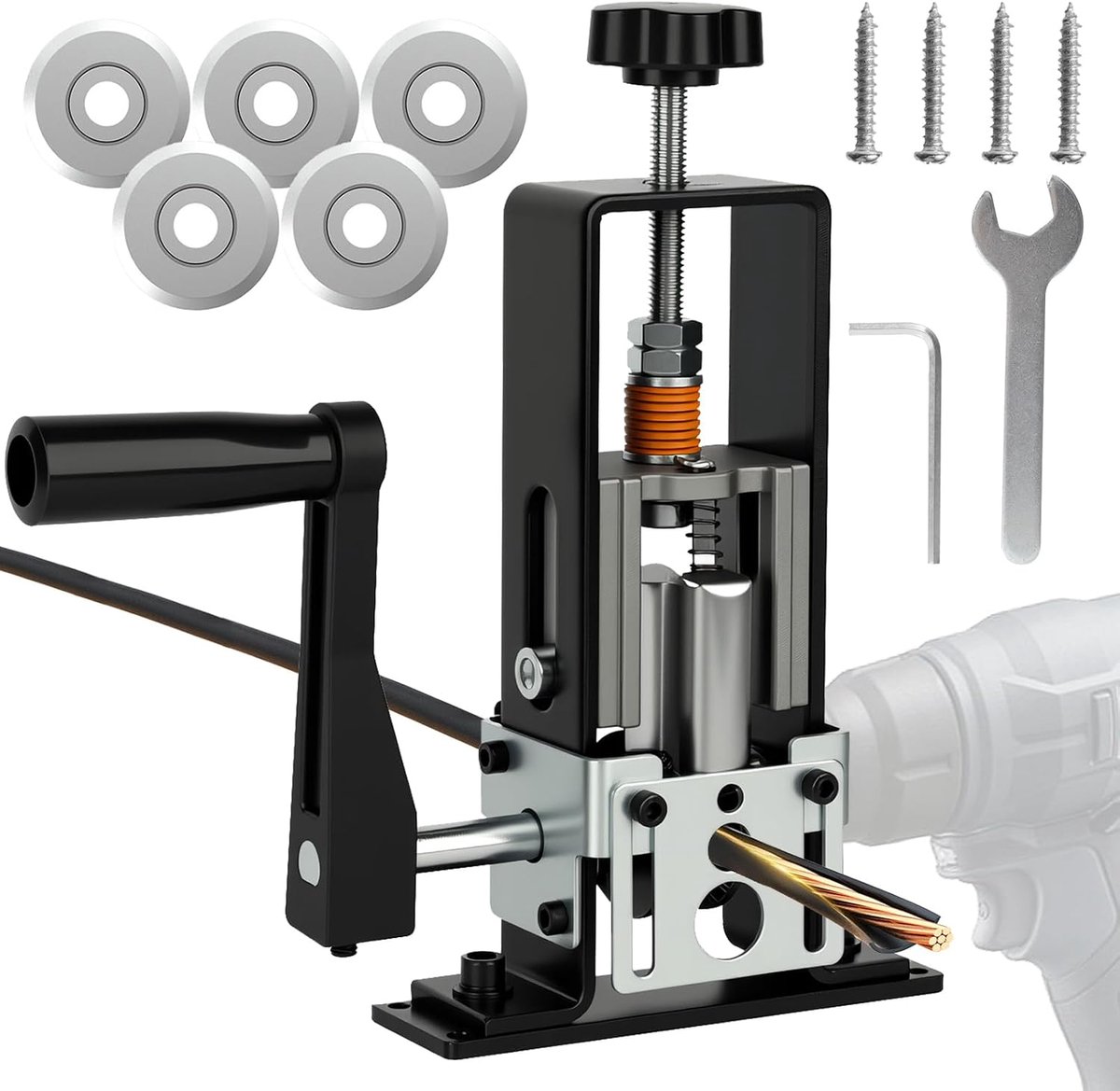 Elektrische striptang, 1-25 mm, elektrische draadstripper met zwengel of boor met 5 reservemesjes, koperkabelgereedschap, recycling van bedrading