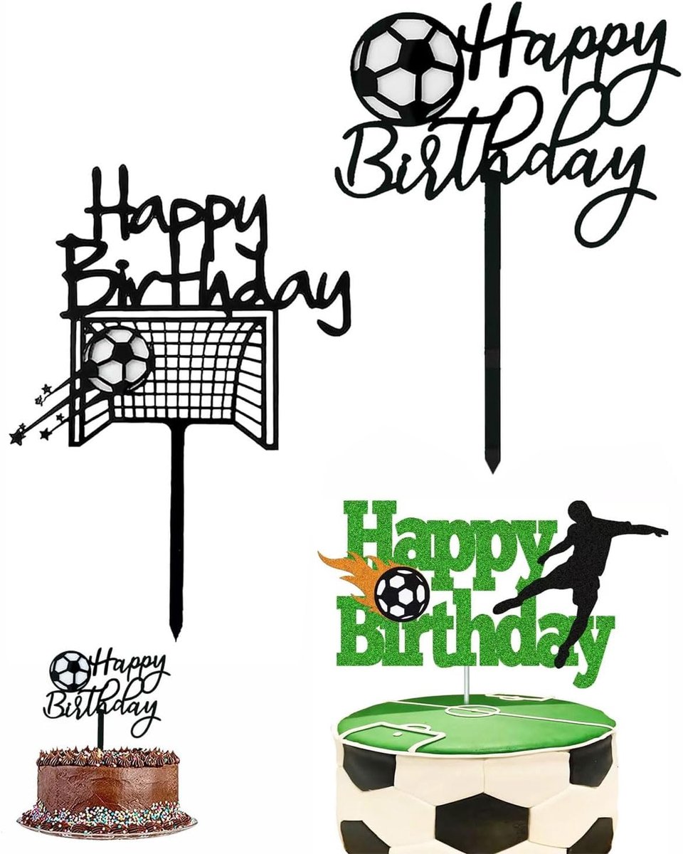 3 stuks Tortendeko Voetbal, Acryl taartbeklager met "Happy Birthday" voor Voetbal-verjaardagsfeesten, herbruikbare taarttopper voor creatieve decoraties