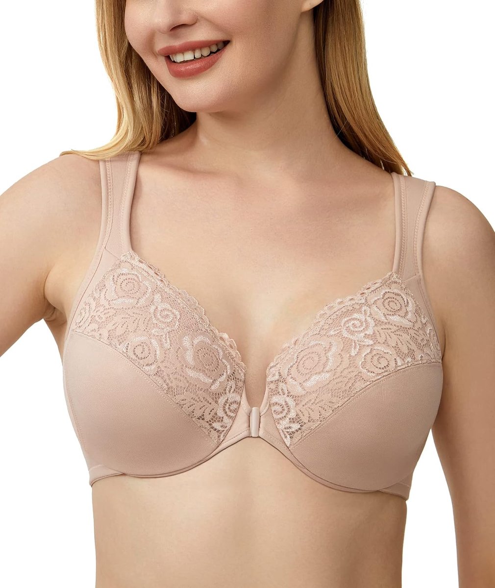 Dames volledige cups, ongevoerd, beugelbeha voorzijde, vershcluss, T-shirt, beha, comfort, grote maten, U-rug, rozenkant, beige, 80F