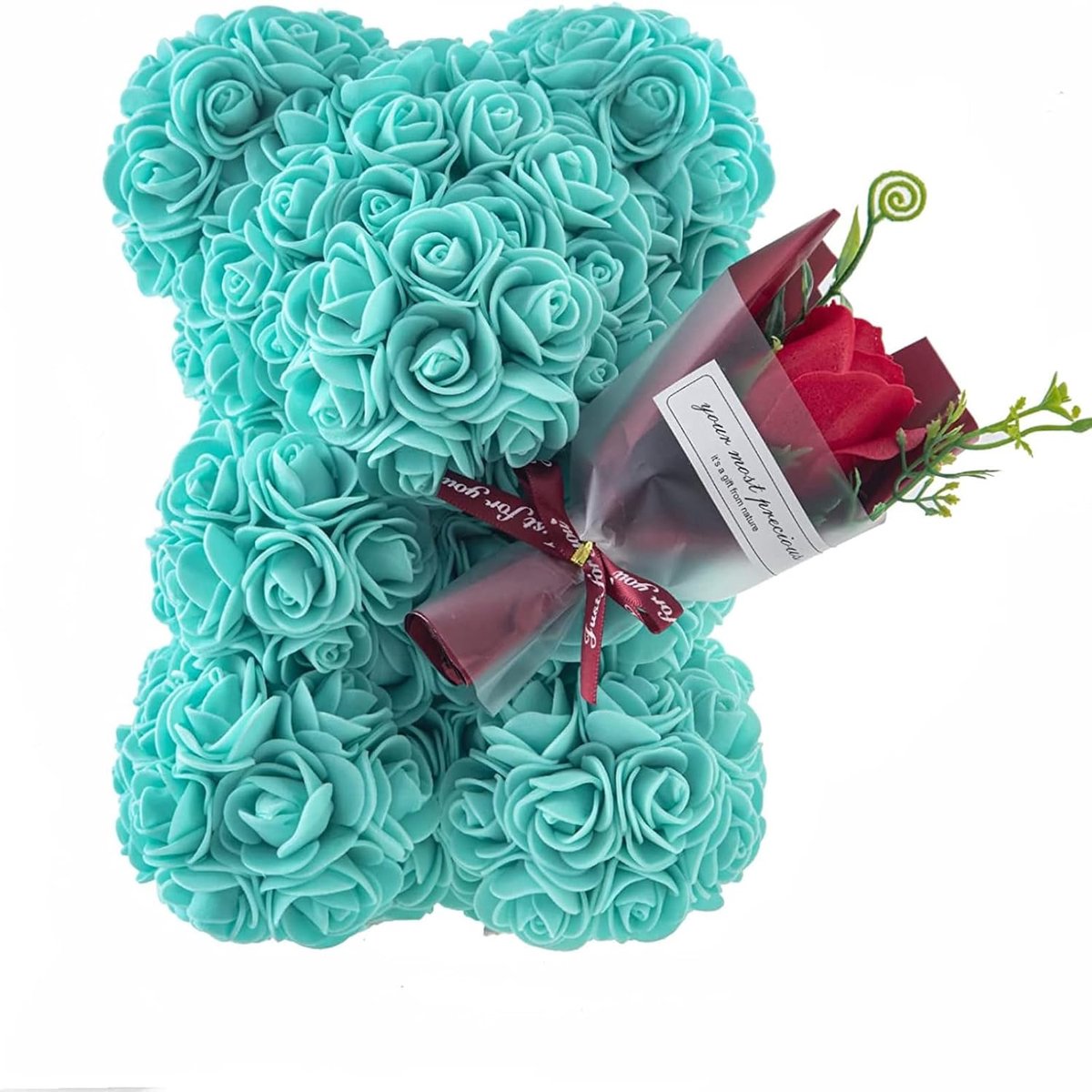 Rozenbeer, bloem, geschenkdoos voor Valentijnsdag, jubileum, Moederdag, Kerstmis, verjaardagen, bruidsdouches, volledig handgemaakt (pauwenblauw + geschenkdoos, 1)