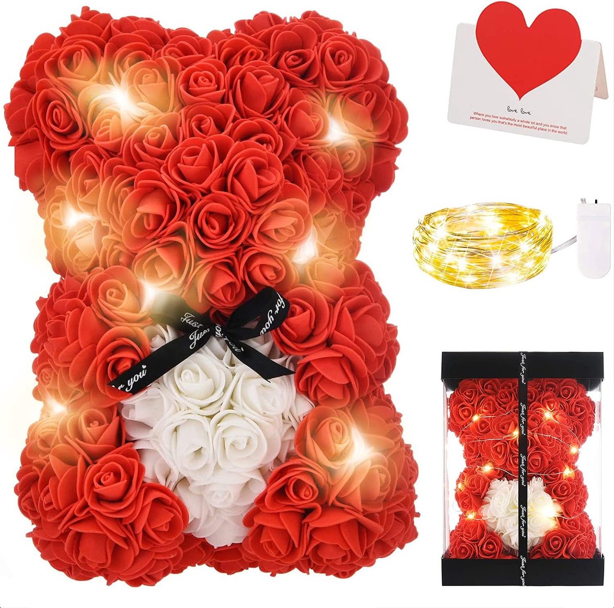 Rozenbeer met geschenkdoos + lichtsnoer + wenskaarten, Kunstmatige rozen cadeau voor vrouwen/Valentijn/Verjaardag/Bruiloft/Afstuderen/Jubileum, Rood + wit