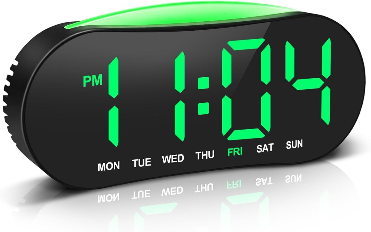 Wekker met groot blauw led-display, 2 wektijden en sluimerfunctie, 12/24-uurs formaat en weekdagweergave, tafelwekker voor slaapkamer, kantoor, groen