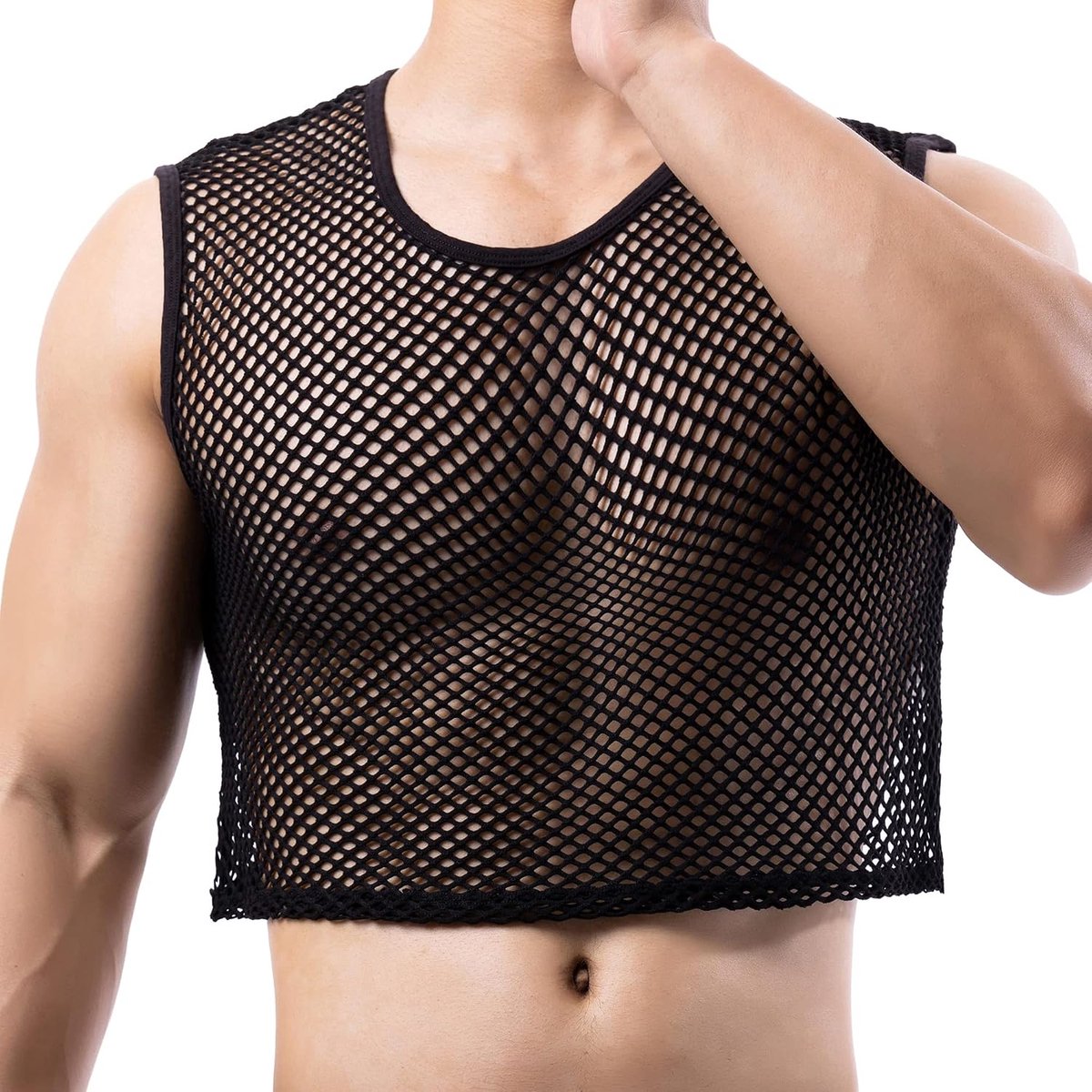 Heren sport onderhemden visnet crop top mesh doorschijnende gewassen halve tank tops nieuwigheid T-shirts ondershirts voor mannen