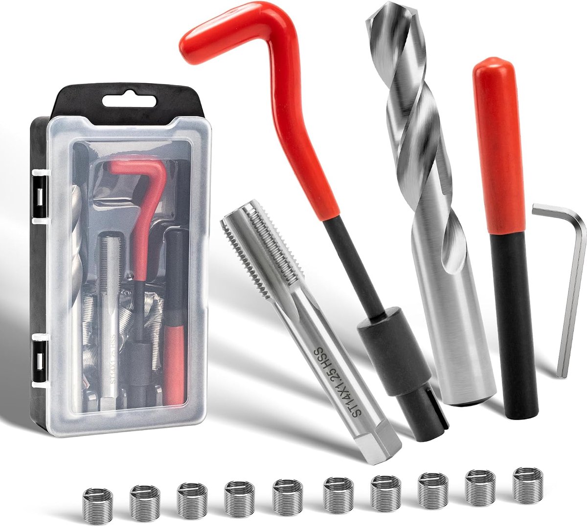 Schroefdraadreparatieset M14x1.25 mm, Bevat Boortjes Tappen Montagegereedschap een Schachtbreker Schroefdraadinzetstukken en is Bedoeld voor Het Repareren van Beschadigde of Versleten Schroefdraad