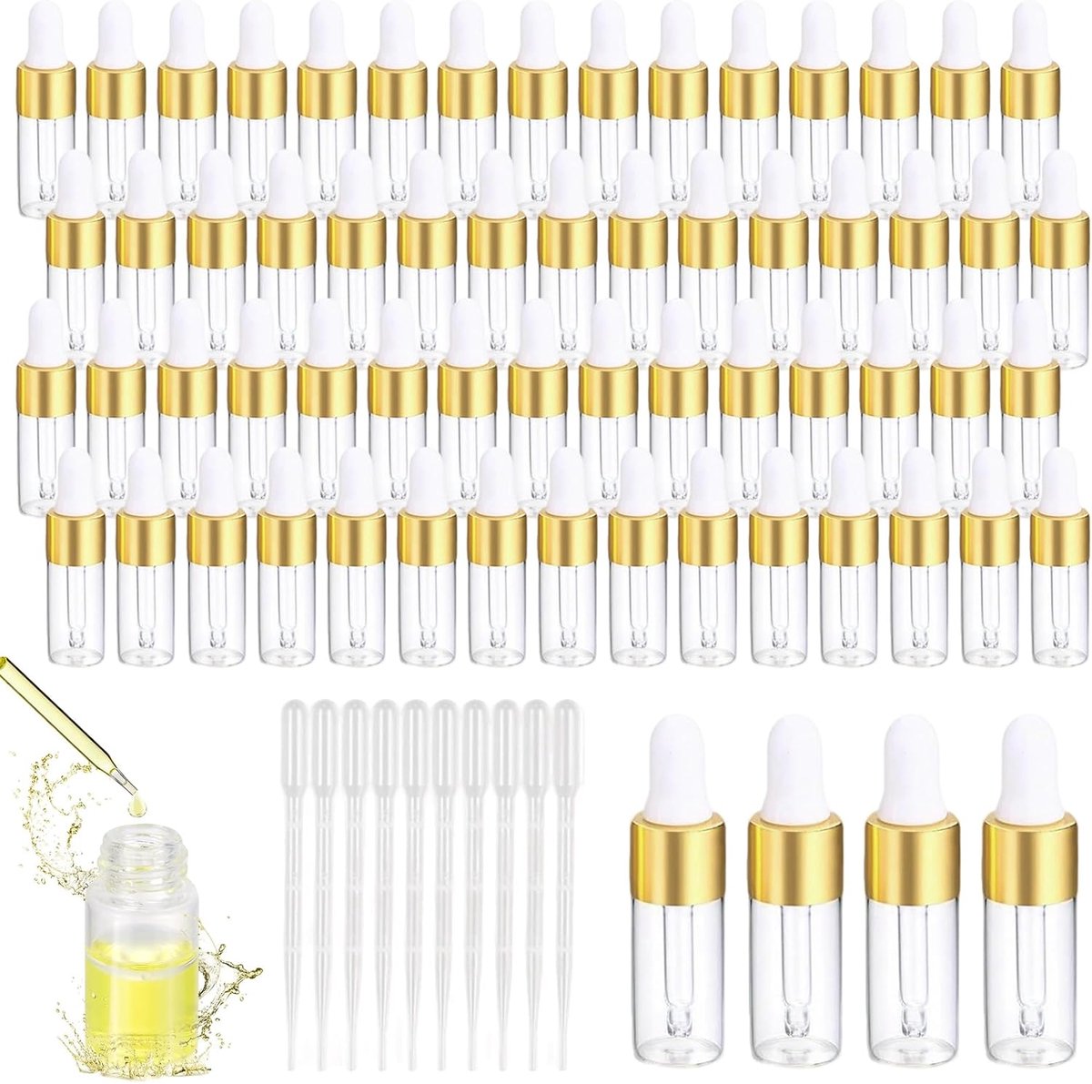 60 stuks mini-druppelflesjes 3 ml met pipetten, transparant, kleine druppelflessen voor etherische oliën, aromatherapie, vloeibare parfumextracten, vloeibare kleurstoffen