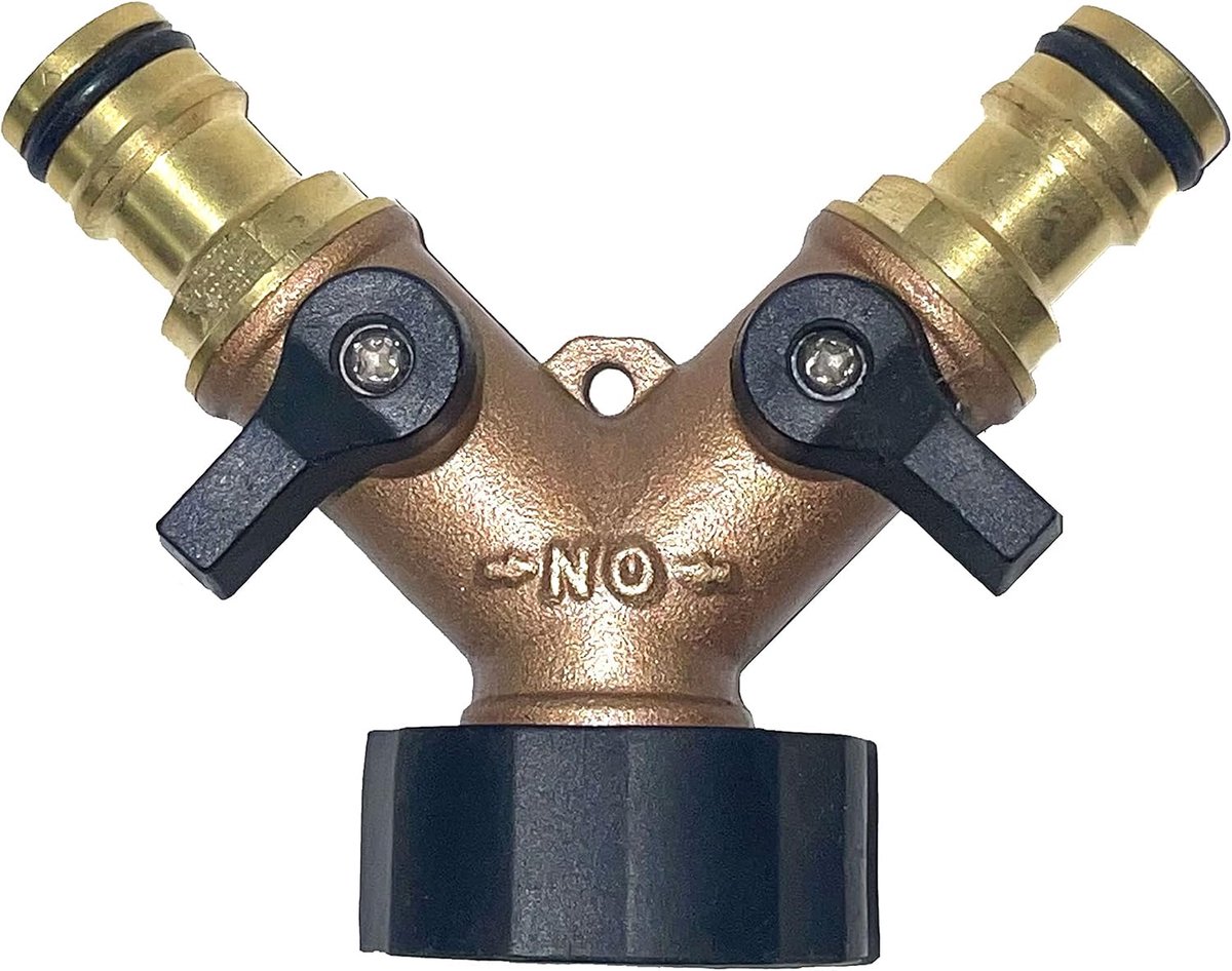 2-weg Y-verdeler 3/4 inch met afsluitkranen, ventiel voor tuinslang van messing. GA434