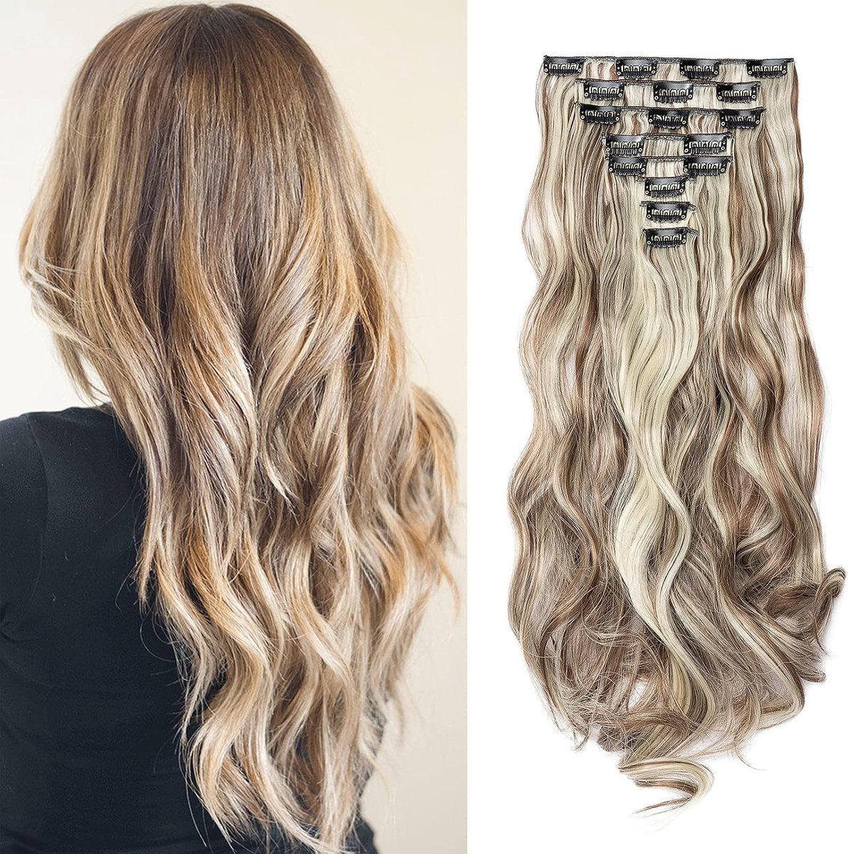 Clip in Extensions Haarverlenging Haardeel zoals echt haar 8 Slagen Gewellt Günstig Haarverdichting Synthetische Haare (Goudbruin & Gebleekt Blond)