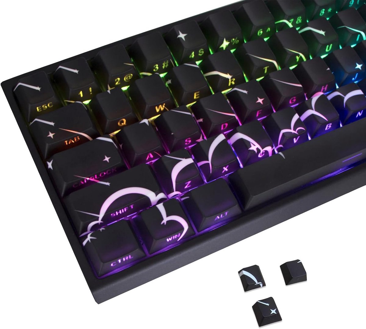 PBT zijdelings bedrukte doorschijnende Star Rain thema, zwarte keycaps, 74 toetsen Cherry-profiel, keycapset voor Cherry MX Switch 60/61/65/67/68 lay-out mechanisch toetsenbord