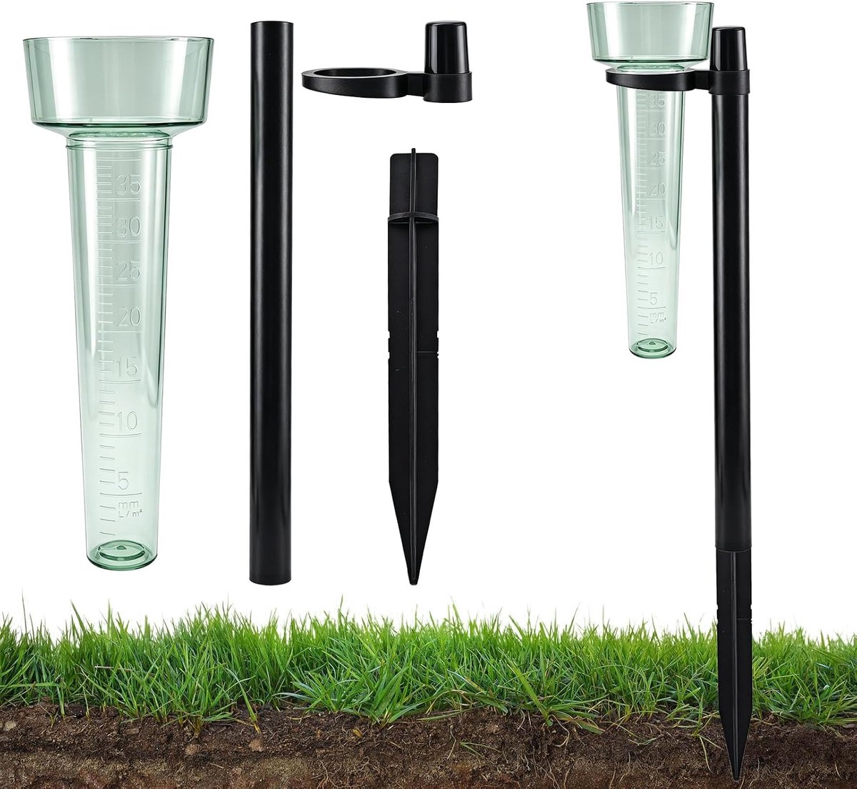 Tuinregenmeter met zwarte stang, regenmeter voor de tuin | Regenmeter met een meetbereik 35 liter, voor gebruik buitenshuis in tuinen, erven, op terrassen, gazons en in het landschap