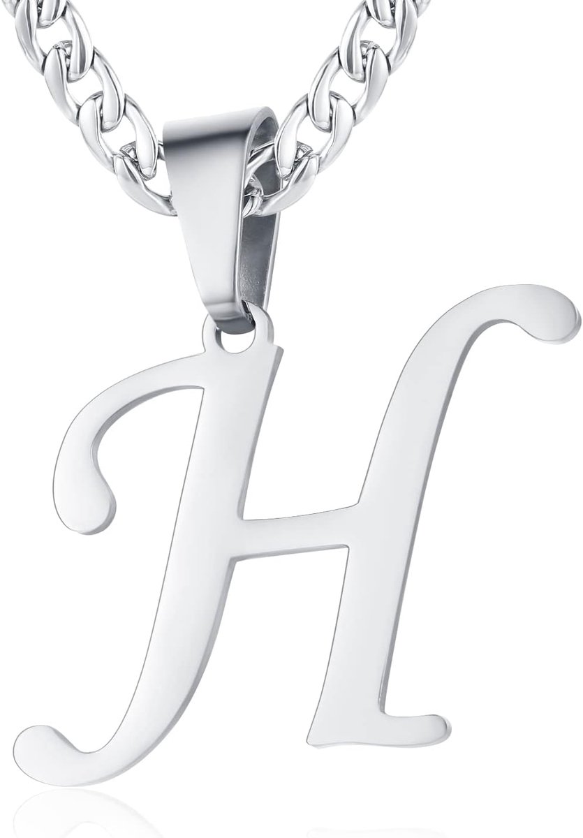 dames roestvrij staal letter A tot Z hanger initiaal halsketting met 6 mm brede pantserketting, lengte verstelbaar, Roestvrij staal