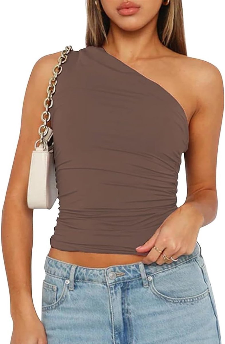 zomer tanktop sexy asymmetrisch mouwloos bovendeel Y2K slim strak shirt één schouder crop tops trendy basic solid cami top