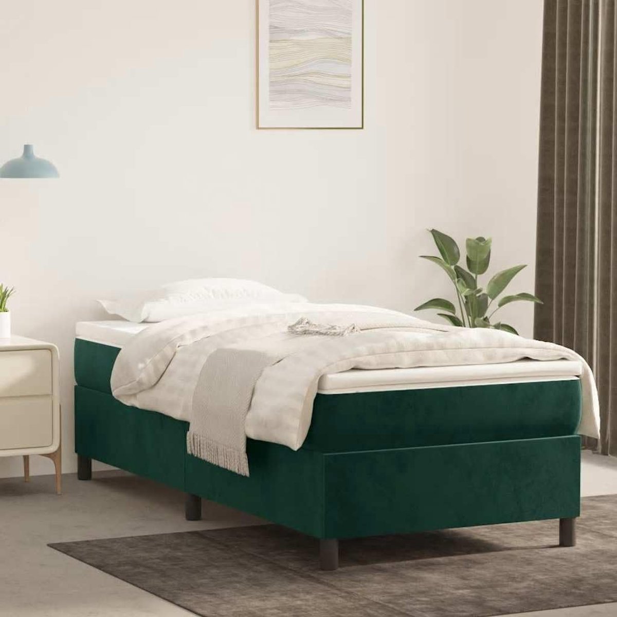 Pocketvering middelhard donkergroen 90x200 cm | Boxspring met matras fluweel donkergroen 90x200 cm pocketvering middelhard slaapkamerbed