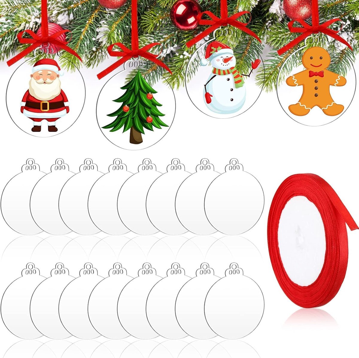 Kerstballen doorzichtige acryl schijf ornamenten, 10 cm ronde acryl kerstornamenten blanco platte kerstballen met gaten en rood lint voor kerstboom feest hangende decoratie