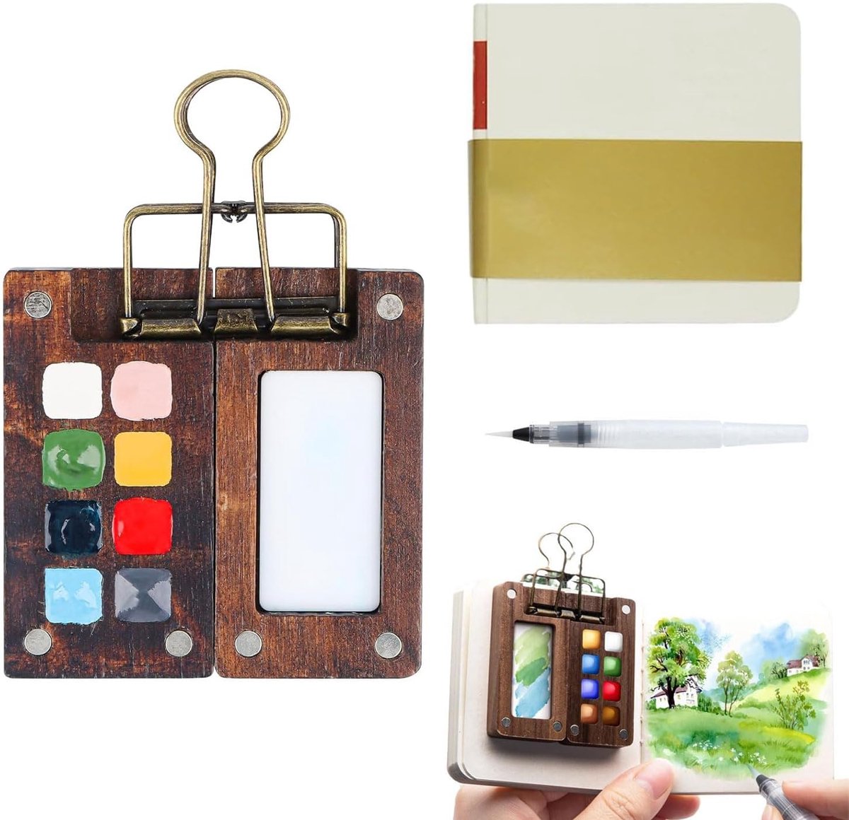 Aquarelschilderset met 8 rasters, mini-aquarelpalet van hout met tekenalbum, pen en clip voor schilders, kunstenaars, studenten