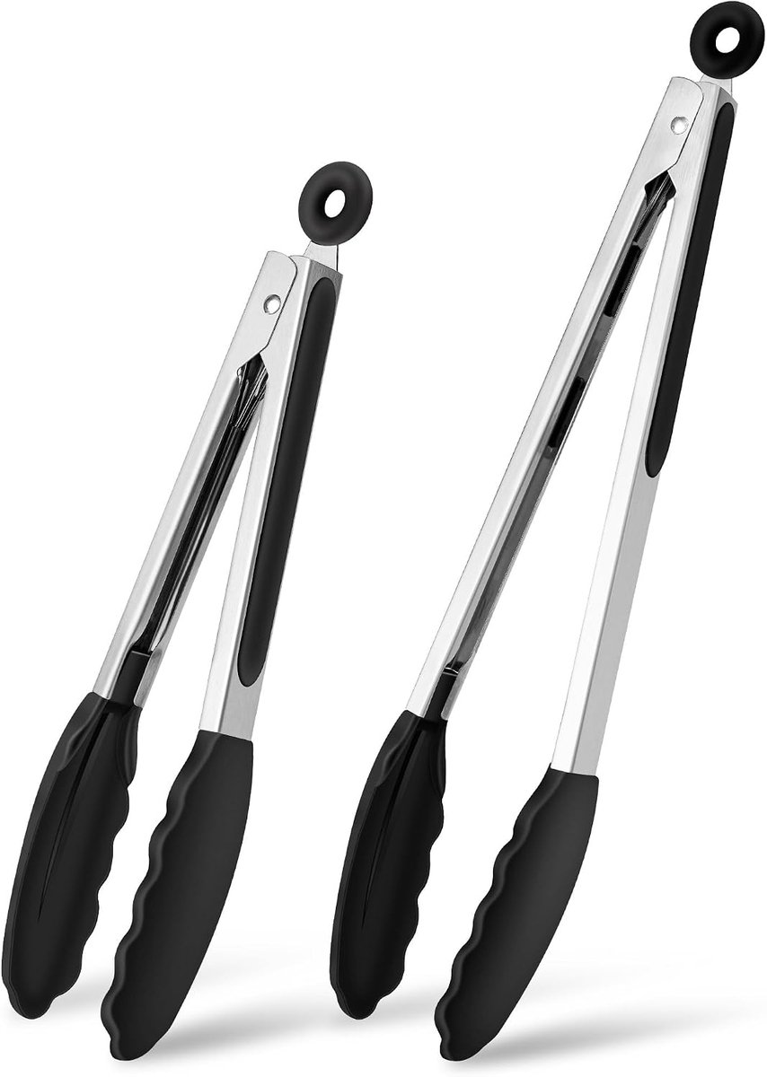 Grilltang en keukentangset, 26 cm en 33 cm, hittebestendige kooktangen met siliconen handgreep, roestvrij staal, vleestang voor grillen, pasta en vlees, zwart