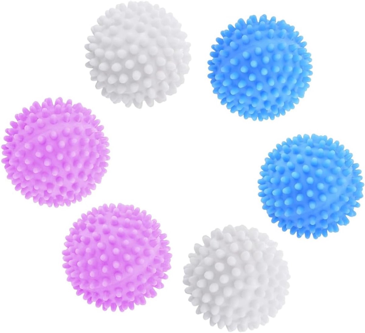 Drogerballen van kunststof, 6 stuks wasballen voor zachte kleding in wasmachine en droger, wit/blauw/roze, 4 cm