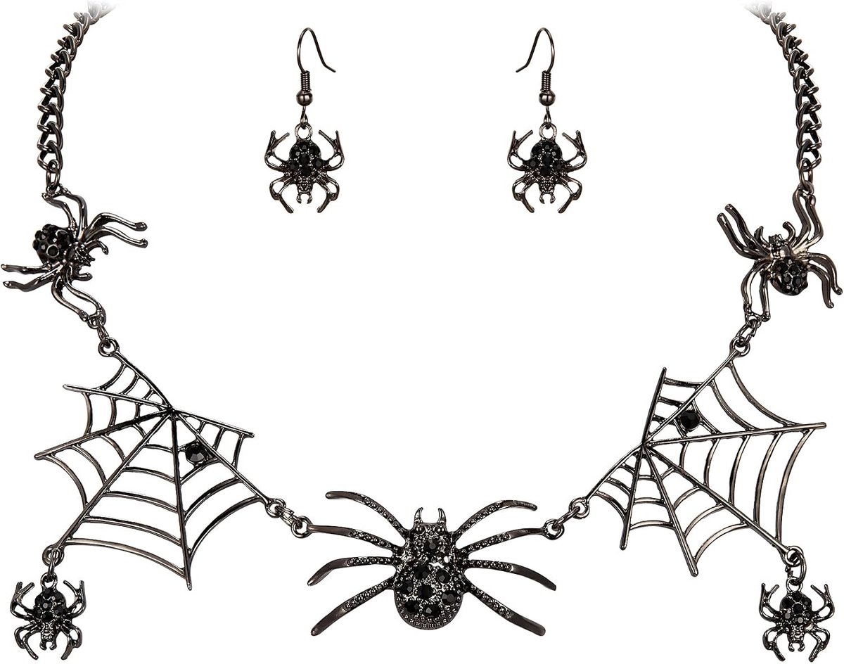 FAITH Allerheilige sieradenset kristal levendig Halloween spinnenweb dier halsketting oorbellen set helder zilvertint, kristal