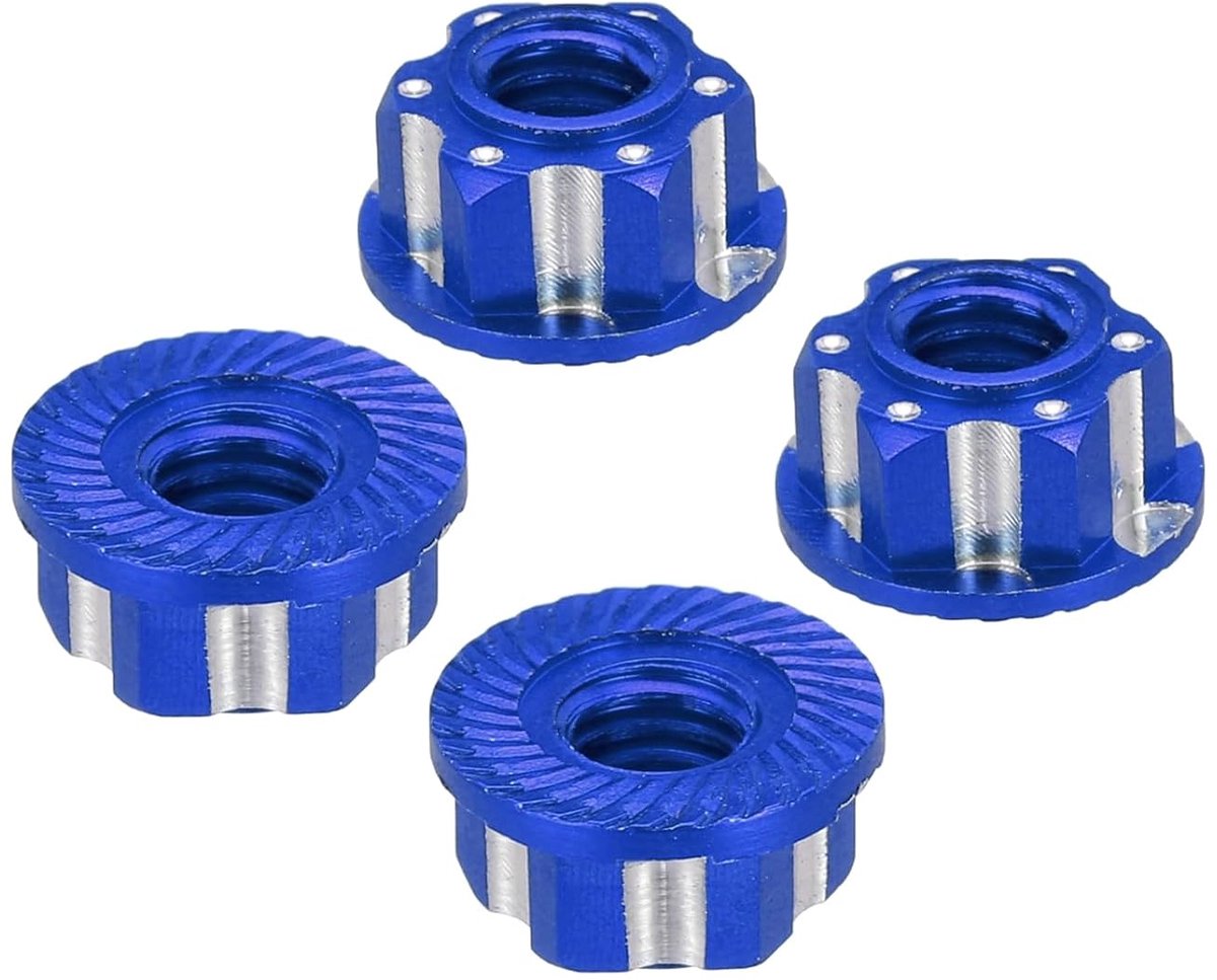 sourcing map Zeskantmoeren van aluminium M4 RC wielmoeren, stofdicht, antislip montagekap voor 1/10 RC modelauto, vrachtwagen, terreinwagen, verbeterde onderdelen, verpakking van 4 (blauw)