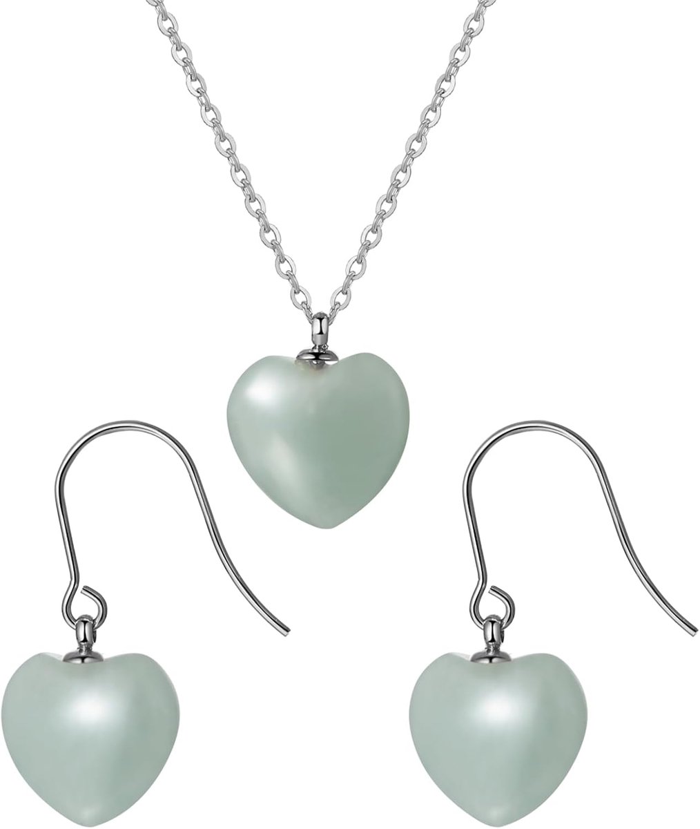 Hart Ketting Oorbellen Set: Vrouwen Groene Aventurijn Kristal Sieraden Dames Natuursteen Rvs Hanger Healing Stone Gift