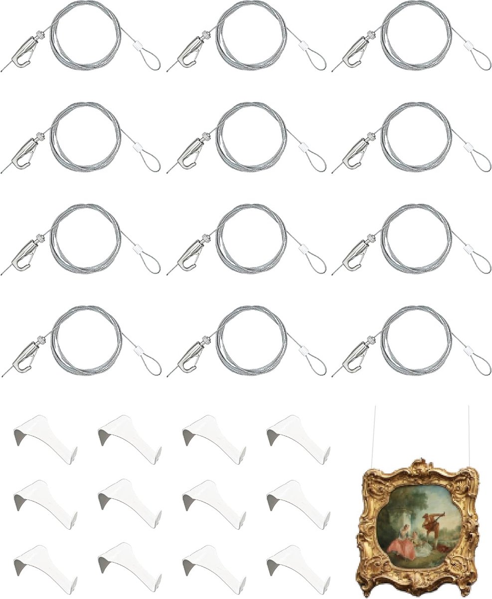Hanging Kit – Foto Rail haken met 12 van elke witte railhaken, 183 cm onzichtbaar luskoord, 12 verstelbare haken, roestvrij stalen sierhangers nylon en stalen kabel (6 stuks)