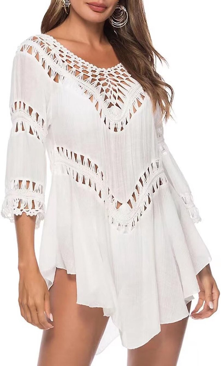 Damesbadpak met gehaakte strandrok, bikini-poncho van gebreid, bikini voor de zomer, camouflage, 118a wit, M