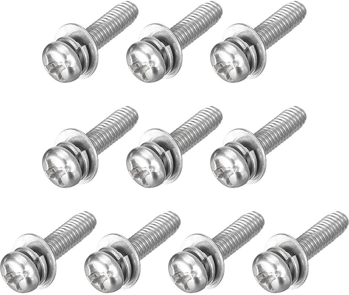 Set van 10 stuks M3 x 12 mm moeren bouten, ronde kopschroeven, Phillips Pan Head met veerring en sluitringen, 304 roestvrijstalen schroefdraadschroeven voor reparatie van hout en zacht