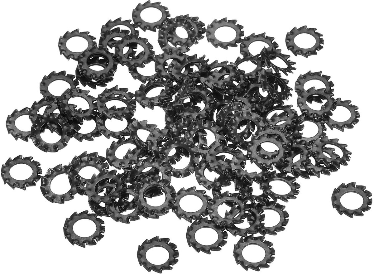 100 stuks externe tandvergrendelingsschijven, M5 koolstofstaal, tandvergrendelingsschijven voor schroeven, bouten, mechanische uitrusting, bevestigingen, zwart