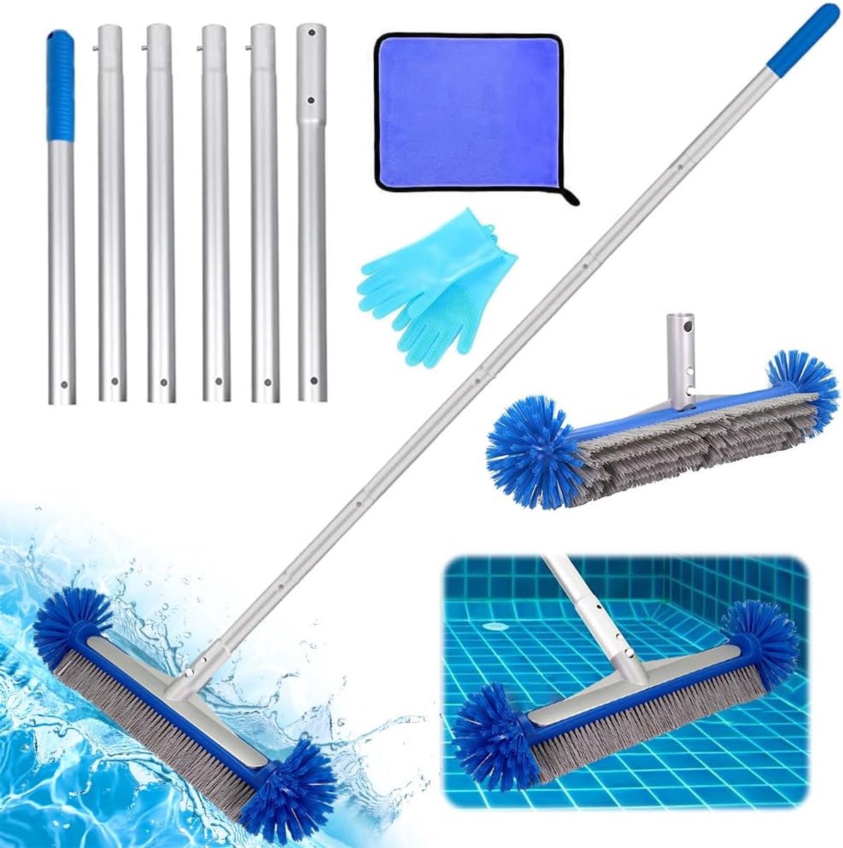 Zwembadborstel met ronde uiteinden, 43 cm zwembadreinigingsborstel met in lengte verstelbare aluminium stang en versterkte metalen achterkant, reinigingsborstel voor zwembad, robuuste borstel (blauw)