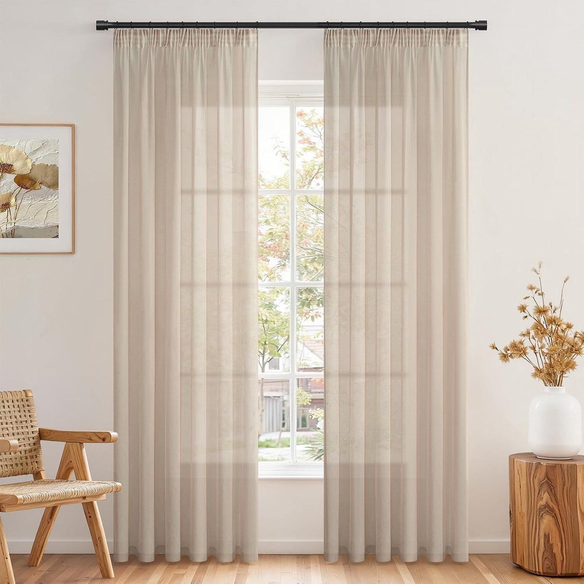 Beige 2-delige gordijnset voor woonkamer, met plooiband voor gordijnroede, semi-transparant gordijn, licht formaat, 140 x 235 cm (l x h)