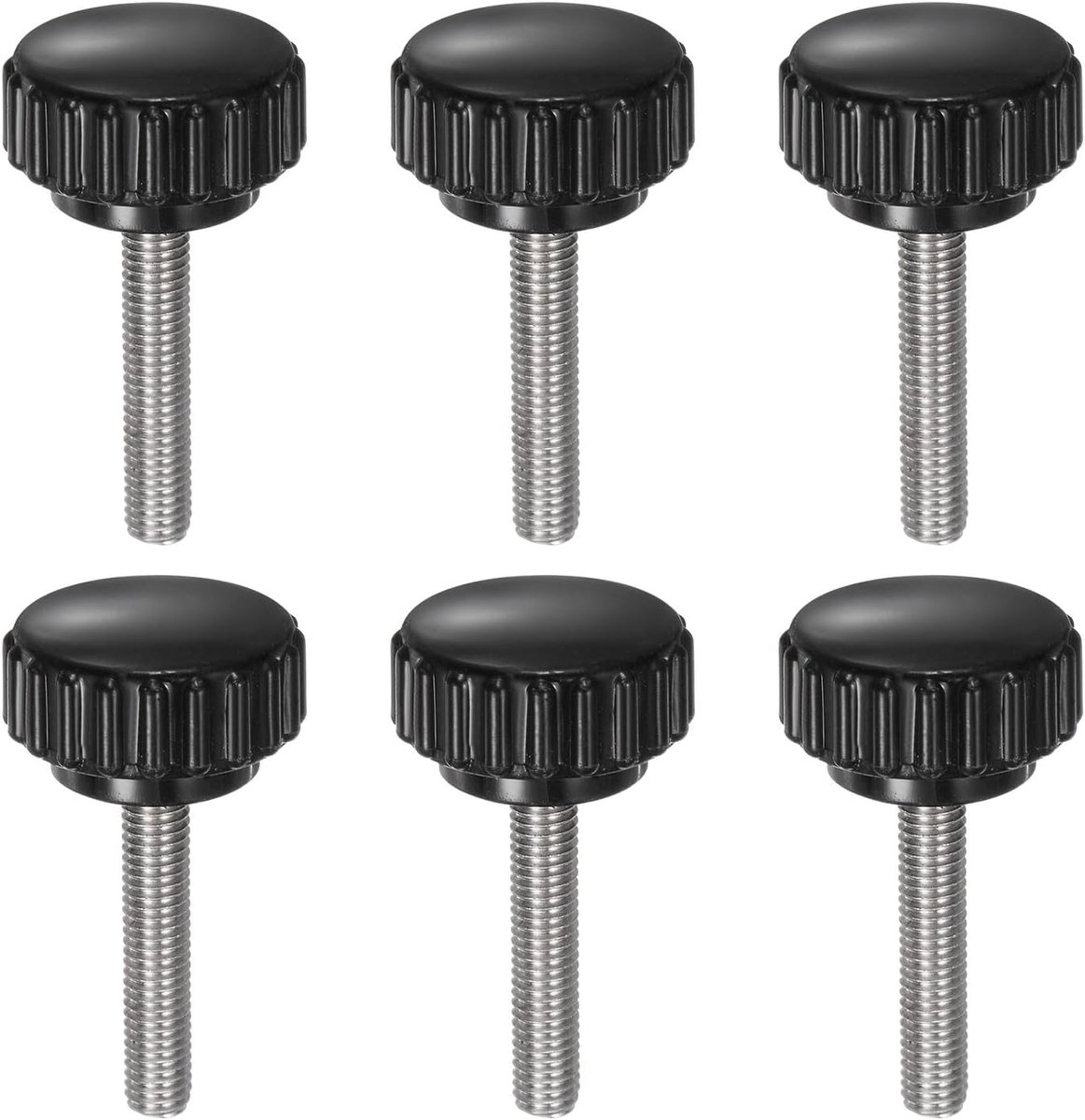 6 stuks gekartelde klemknopen M5 x 25 mm metrisch 304 roestvrij staal buitendraad gekartelde kopschroef 22 mm knoppen met schroefdraad ronde kop kunststof zwart