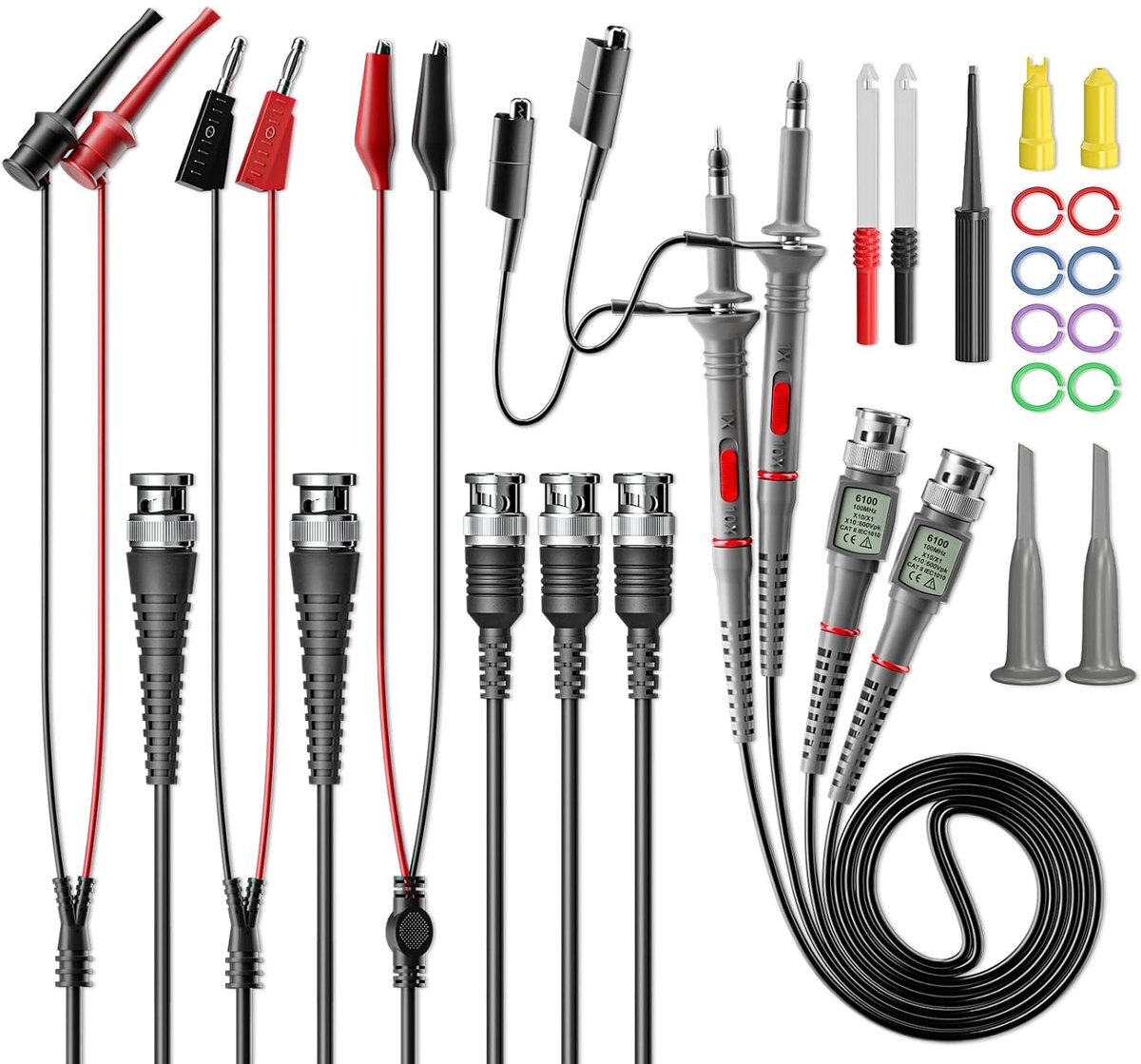 Oscilloscoop sondes met accessoire kit 100MHz 1X 10X 2 Pack met BNC naar BNC, testhaak, krokodillenklem, banaanstekker meetleidingen draadmonsters