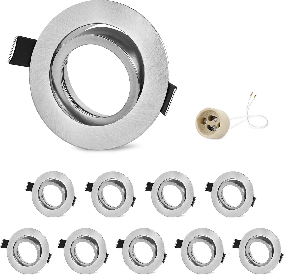 Inbouwspots, frame GU10, aluminium, draaibaar, geborsteld Nikkel, inbouwspots, spot, rond, gatdiameter 65-75 mm, inbouwspot voor halogeen MR16, incl. GU10-fitting voor 230V, 10 stuks