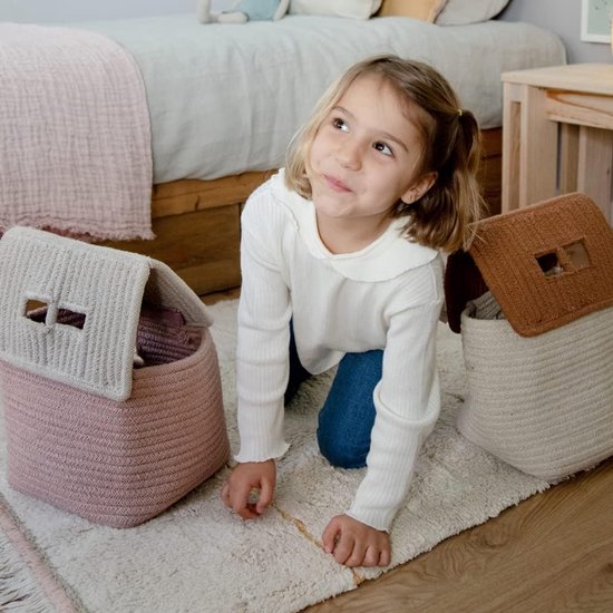 Kinderen mand - Opbergmand huisje - Speelgoed opbergen - Handgemaakt katoen - 22 x 34 cm - Roze — afbeelding 2