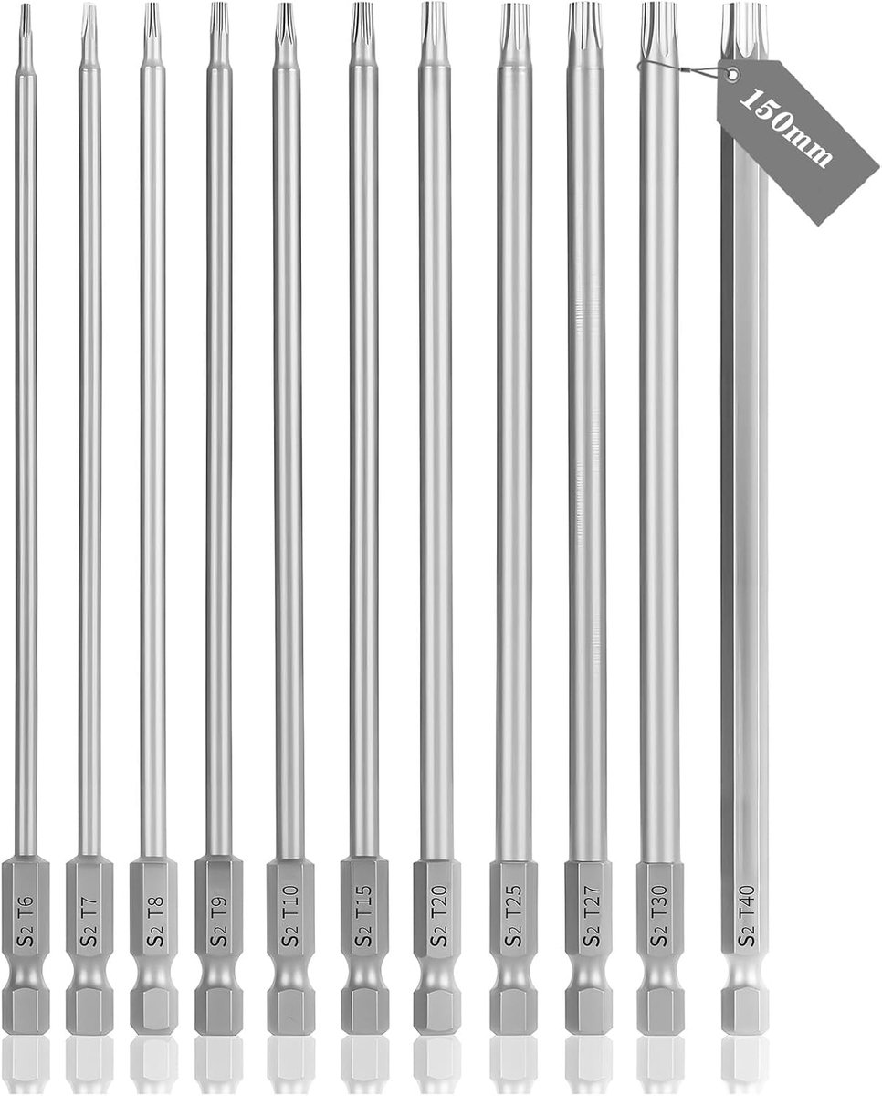 11 x lange torx-schroevendraaier, 150 mm, schroevendraaier met 1/4 inch zeskantschacht, T5, T6, T7, T8, T9, T10, T15, T20, T25, T27, T30, T40, magnetische torx-veiligheidskop