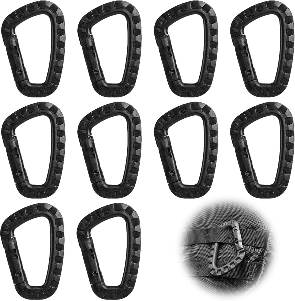 10 stuks karabijnhaken van kunststof, tactisch, militair, duurzaam, D-vorm, multifunctionele rugzak voor kamperen, wandelen, vissen, fitness, trekking, outdooractiviteiten (zwart)